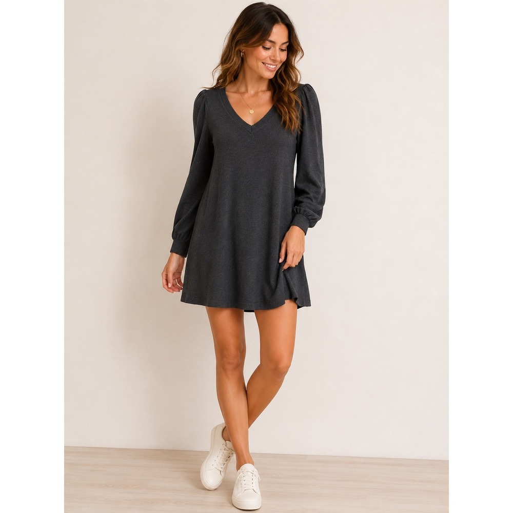 LOFT Petites Charcoal Grey V-Neck Sweater Dress Button Cuff Puff Sleeve SP
